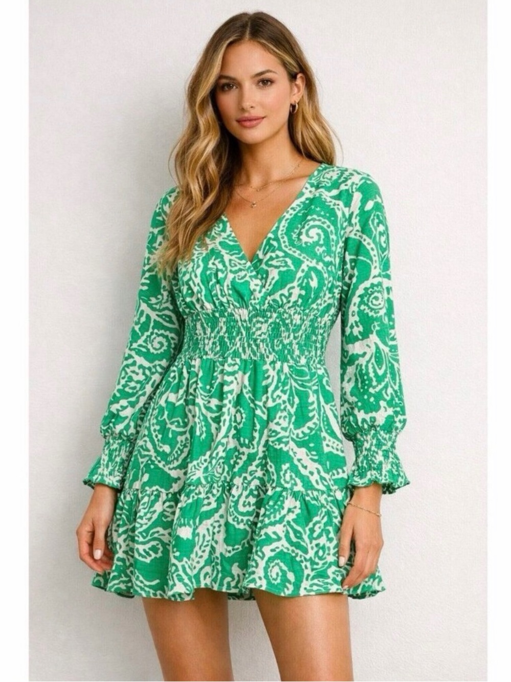 Zara Green Paisley Smocked Waist V‑Neck Long Sleeve Mini Dress linen/cotton